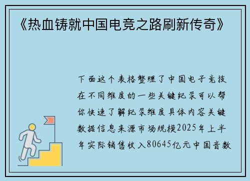 《热血铸就中国电竞之路刷新传奇》